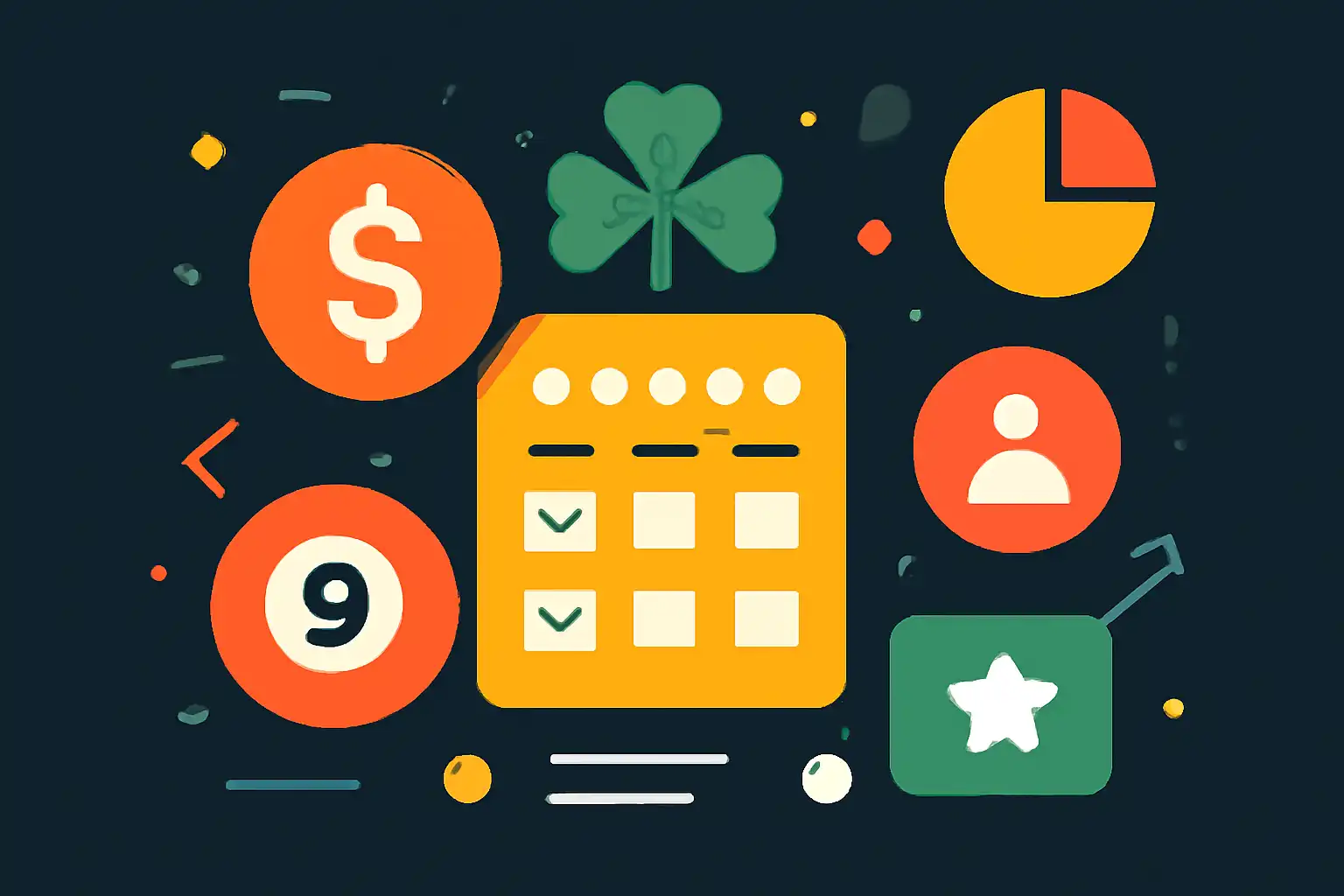 Hero illustration: 91 Lottery, modern flat design, dark background, brand-neutral, icons and shapes only, no text