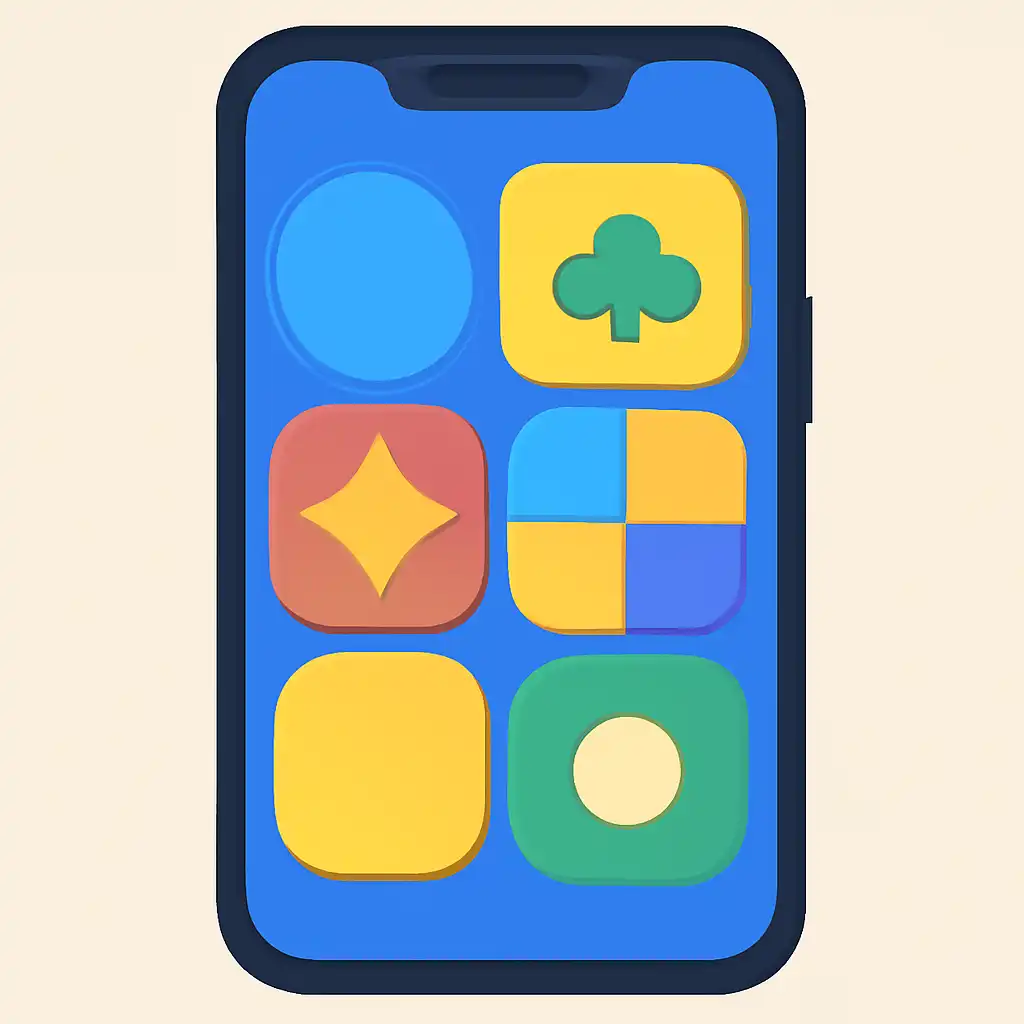 Smartphone shown from the front displaying a colourful flat layout of abstract game icons and rounded tiles (no text, no letters, no labels), 91 Lottery