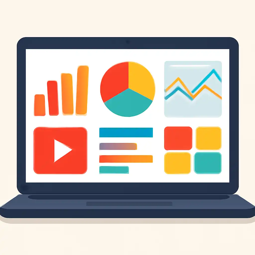 Laptop shown from the front displaying a colourful flat dashboard of abstract charts, bars and icon tiles (no text, no letters, no labels), 91 Lottery